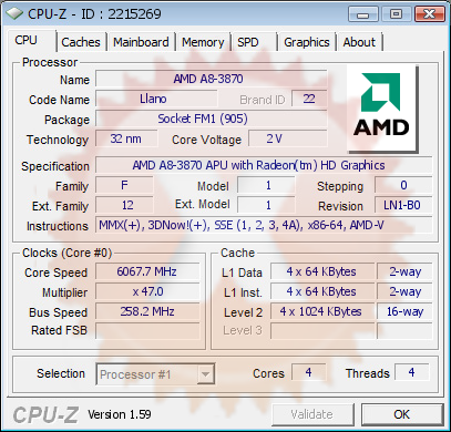 CPUZ - AMD Llano A8 3870K @ 6067MHz